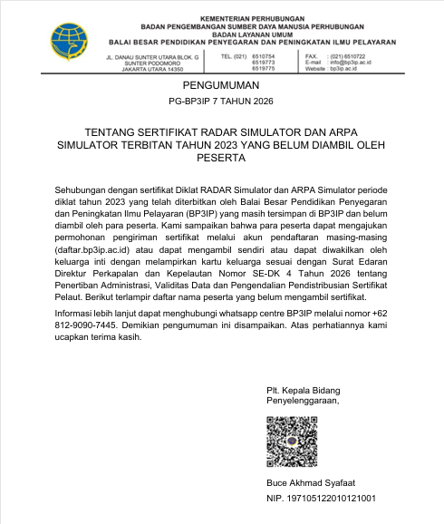Pengumuman Sertifikat Diklat RADAR Simulator dan ARPA Simulator Tahun 2023 yang Belum Diambil