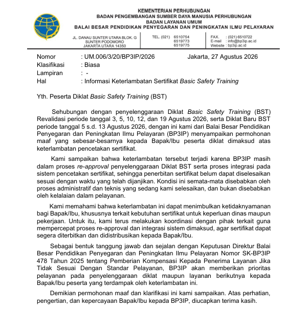 BP3IP Sampaikan Informasi Keterlambatan Penerbitan Sertifikat Basic Safety Training (BST)