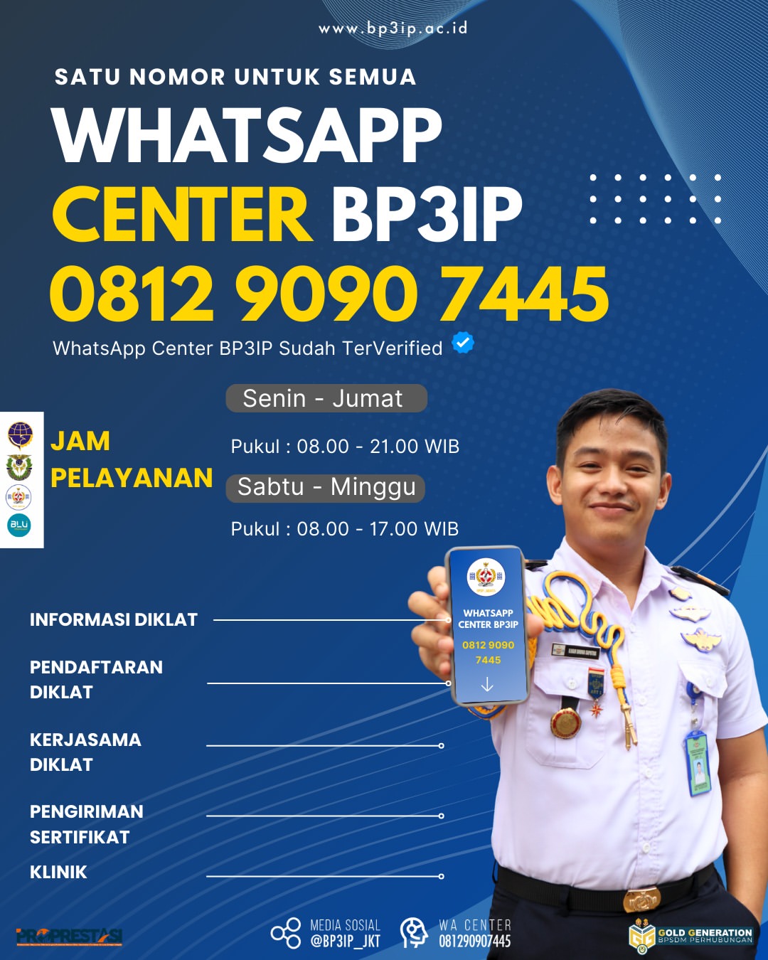 Flyer WhatsApp Center BP3IP Jakarta satu nomor untuk semua layanan 0812 9090 7445